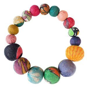 Fair Trade Round Beads Stretch Bracelet NWT Upcycled Kantha Fabric Boho Handmade